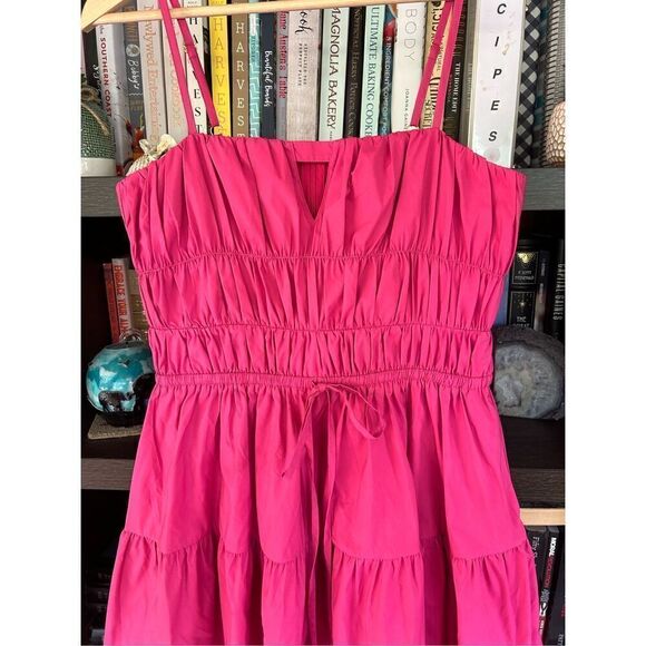 NWT LDT SAMPLE Pink Tiered Ruched Tie Front Keyhole Mini Dress Size 4 - Picture 6 of 9